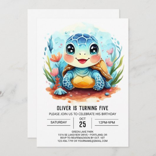 パステルエレガントウィムシータートルボーイ誕生日 招待状 (正面/裏面)