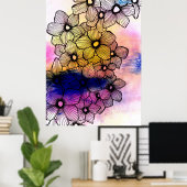 パステルエレガントウォーターカラーのブラックラインフラワーズ ポスター (ホームオフィス)