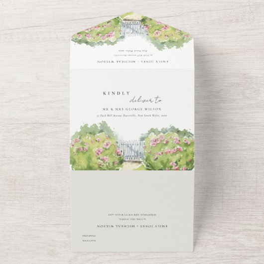 パステルエレガントウォーターカラーコテージ庭園の結婚式 オールインワン招待状 (外側)