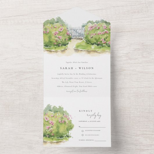 パステルエレガントウォーターカラーコテージ庭園の結婚式 オールインワン招待状 (内側)