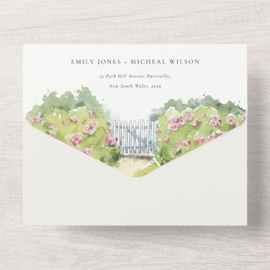 パステルエレガントウォーターカラーコテージ庭園の結婚式 オールインワン招待状 (裏面)