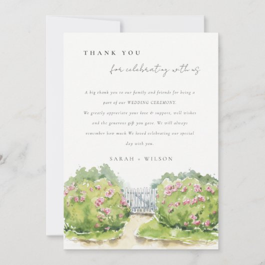 パステルエレガントウォーターカラーコテージ庭園の結婚式 サンキューカード (正面)