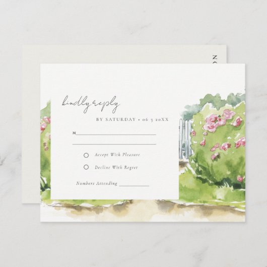 パステルエレガントウォーターカラーコテージ庭園の結婚式 出欠カード (正面/裏面)