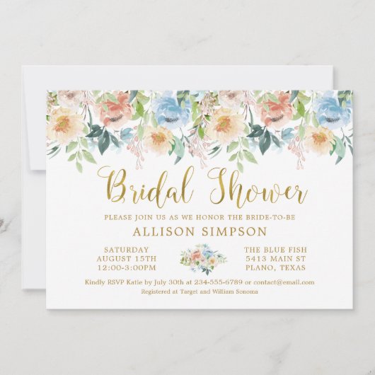 パステルエレガントウォーターカラーフローラブライダルシャワー 招待状 (正面)