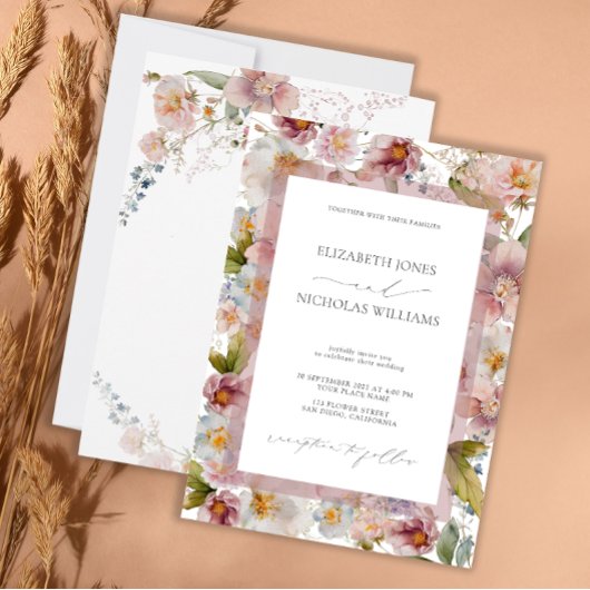 パステルエレガントウォーターカラーフローラ結婚ズ 招待状