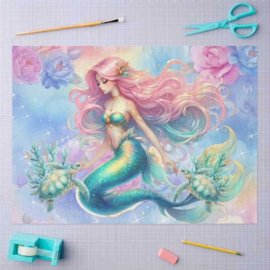 パステルエレガントウォーターカラーマーメイドデクページ 薄葉紙 (クラフト)