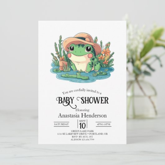 パステルエレガントカエル赤ちゃんシャワー 招待状 (スタンド正面)