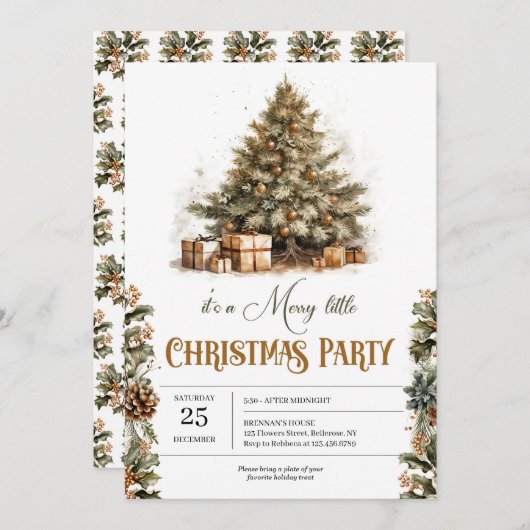 パステルエレガントグリーンとフェイク金ゴールド休日 招待状 (正面/裏面)