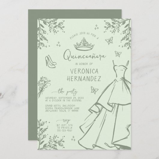 パステルエレガントグリーンセージキンセアニェラ招待状 招待状 (正面/裏面)