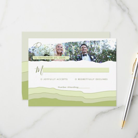 パステルエレガントグリーンフォトカスタムウェディングモダン 出欠カード (正面/裏面インサイチュ)