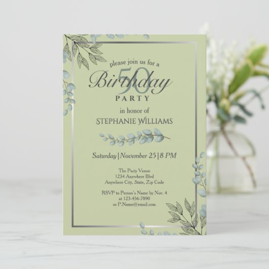 パステルエレガントグリーンフラワーウィメンズ50誕生日 招待状 (スタンド正面)