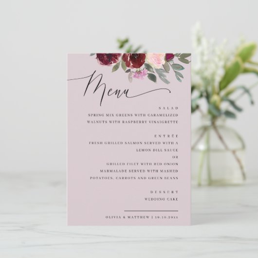 パステルエレガントダスティピンク色のローズフローラの結婚 メニュー (スタンド正面)