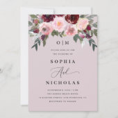 パステルエレガントダスティピンク色のローズフローラの結婚 招待状 (正面)