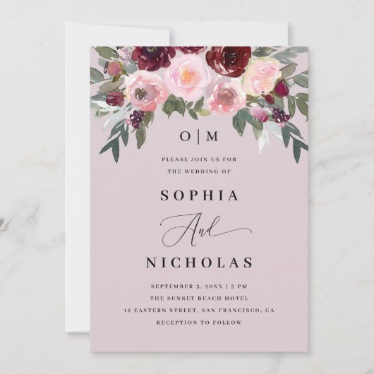 パステルエレガントダスティピンク色のローズフローラの結婚 招待状 (正面)