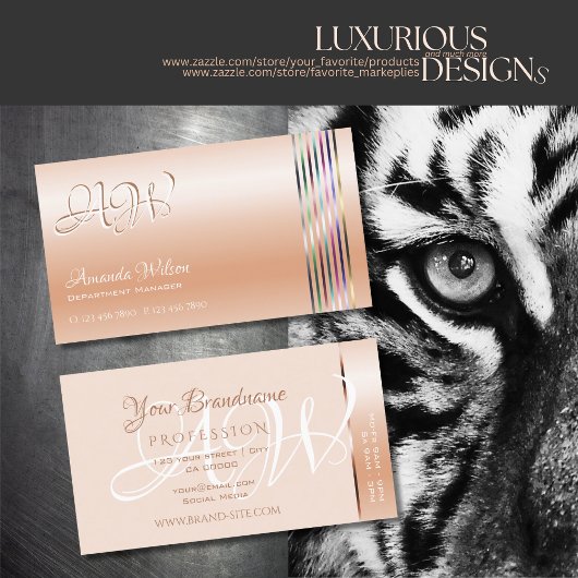 パステルエレガントバラコーラルきらめくストライプズモノグラム 名刺