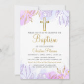 パステルエレガントパープル金ゴールドフローラガールバプテスマ 招待状 (正面)