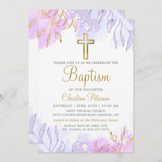 パステルエレガントパープル金ゴールドフローラガールバプテスマ 招待状 (正面/裏面)