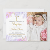 パステルエレガントパープル金ゴールドフローラバプテスマ写真 招待状 (正面)