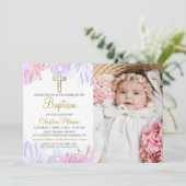 パステルエレガントパープル金ゴールドフローラバプテスマ写真 招待状 (スタンド正面)