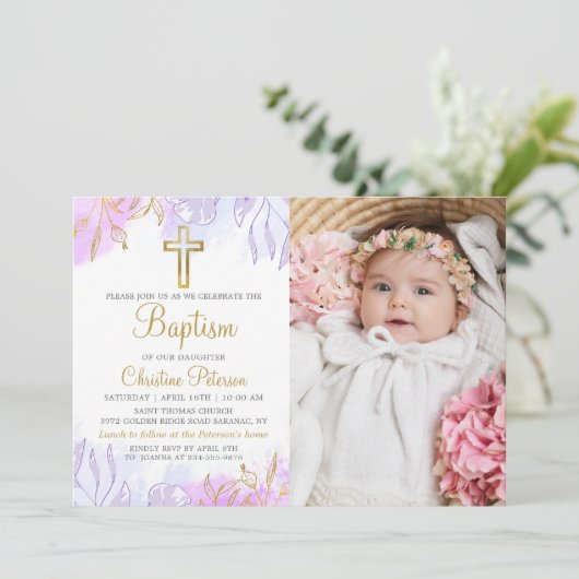 パステルエレガントパープル金ゴールドフローラバプテスマ写真 招待状 (スタンド正面)