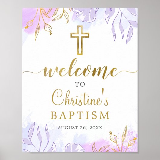 パステルエレガントパープル金ゴールドフローラバプテスムウェルカム ポスター (正面)