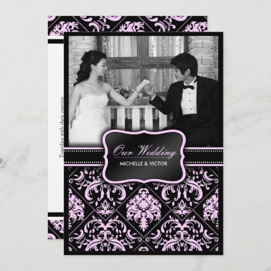 パステルエレガントピンクとブラックダマスクのウェディングフォト 招待状 (正面/裏面)