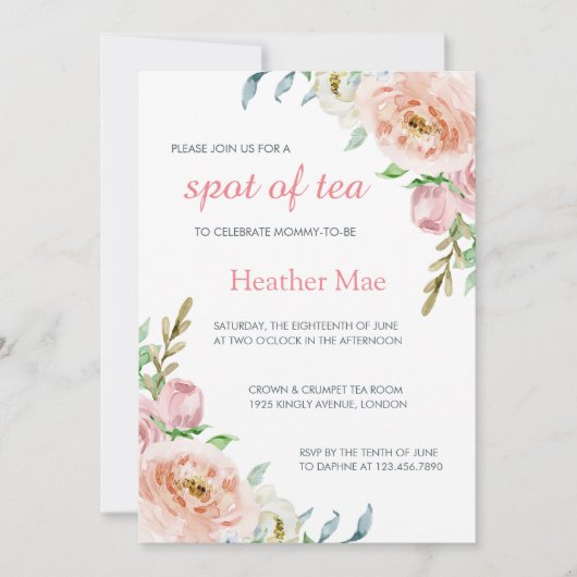 パステルエレガントピンクガールフローラベビーシャワー 招待状 (正面)