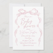 パステルエレガントピンクハンドドロードボウ赤ちゃんシャワー 招待状 (正面)
