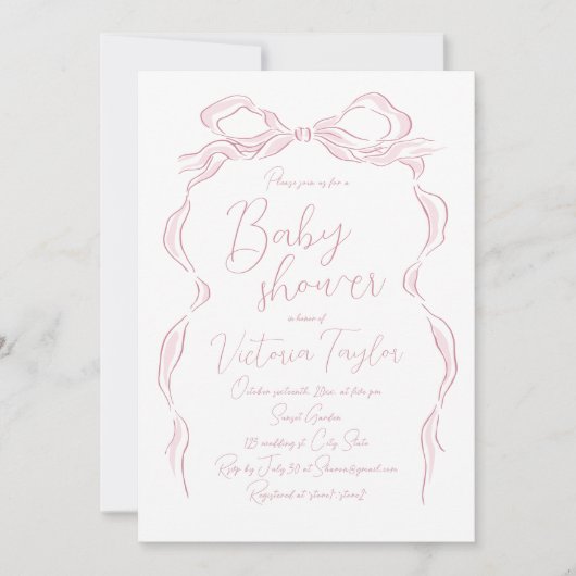 パステルエレガントピンクハンドドロードボウ赤ちゃんシャワー 招待状 (正面)