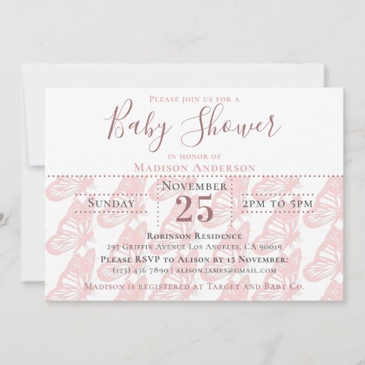 パステルエレガントピンクバタフライガールベビーシャワー 招待状 (正面)