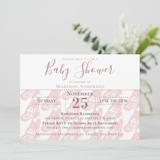 パステルエレガントピンクバタフライガールベビーシャワー 招待状 (スタンド正面)