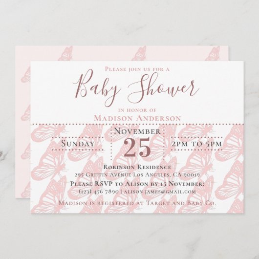 パステルエレガントピンクバタフライガールベビーシャワー 招待状 (正面/裏面)