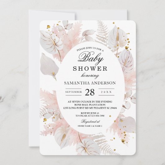 パステルエレガントピンクフローラフレームと金ゴールドドロップ 招待状 (正面)