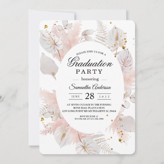 パステルエレガントピンクフローラフレームと金ゴールドドロップ 招待状 (正面)