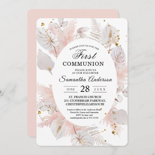 パステルエレガントピンクフローラフレームと金ゴールドドロップ 招待状 (正面/裏面)