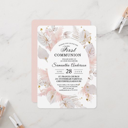 パステルエレガントピンクフローラフレームと金ゴールドドロップ 招待状 (正面/裏面インサイチュ)