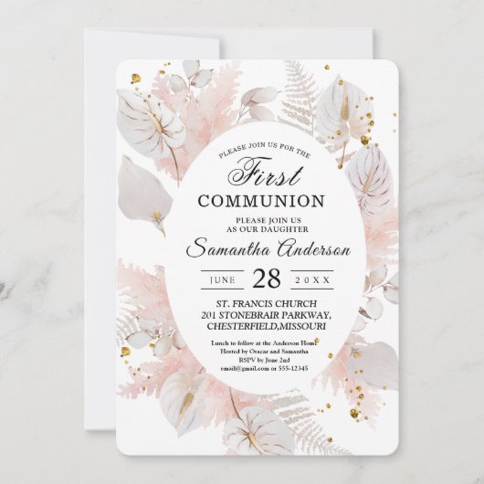 パステルエレガントピンクフローラフレームと金ゴールドドロップ 招待状 (正面)