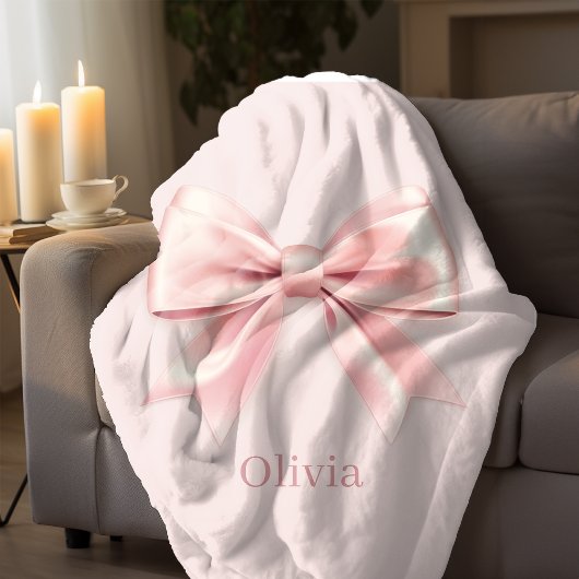 パステルエレガントピンクボウ&ネームパーソナライズされた シェルパブランケット