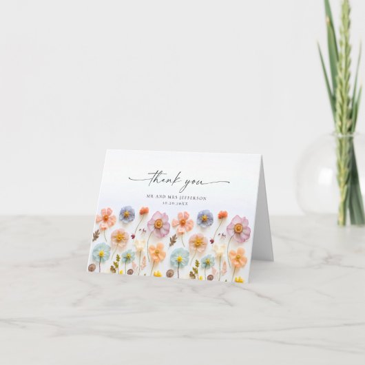 パステルエレガントピンクボヘミアンフィールドワイルドフラワー サンキューカード (正面)