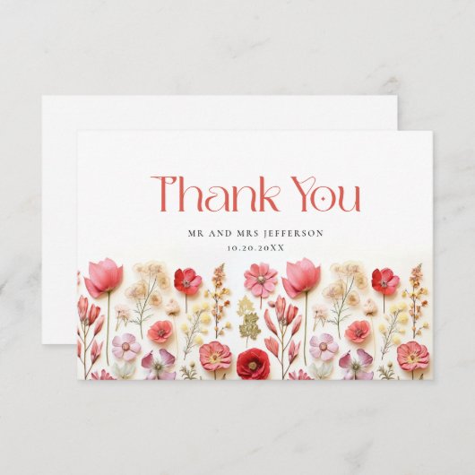 パステルエレガントピンクボヘミアンフィールドワイルドフラワー サンキューカード (正面/裏面)