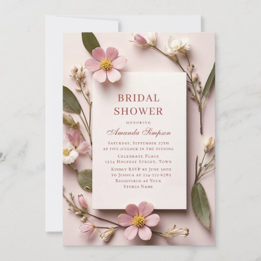 パステルエレガントピンクボヘミアンフラワーブライダルシャワー 招待状 (正面)