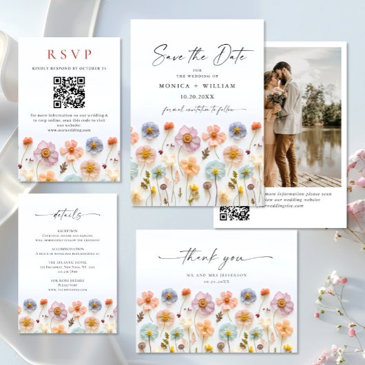 パステルエレガントピンクボホワイルドフラワー結婚ズ 出欠カード