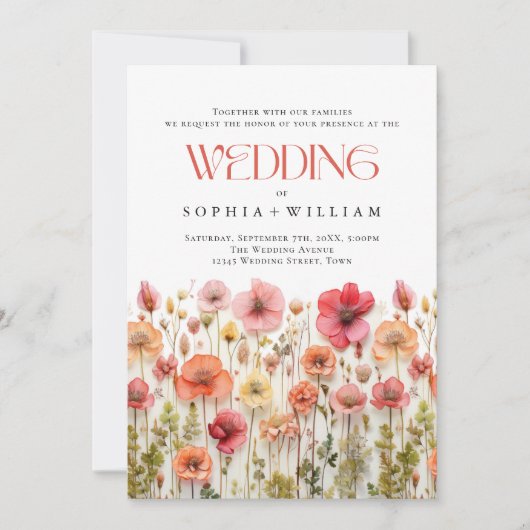 パステルエレガントピンクボホワイルドフラワー結婚ズ 招待状 (正面)