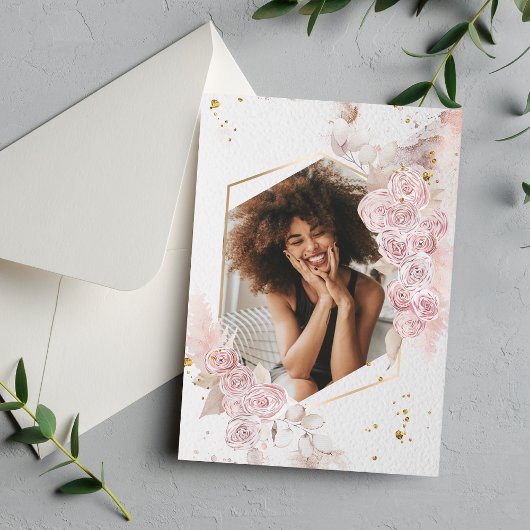 パステルエレガントピンクローズフローラ卒業写真 招待状