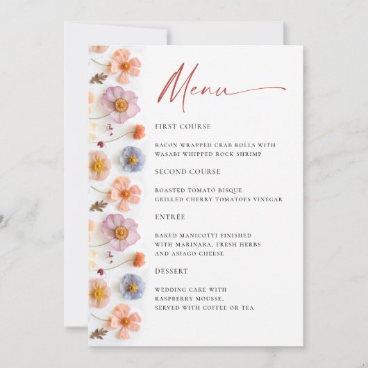 パステルエレガントピンクワイルドフラワーブライダルシャワーメニュー 招待状 (正面)