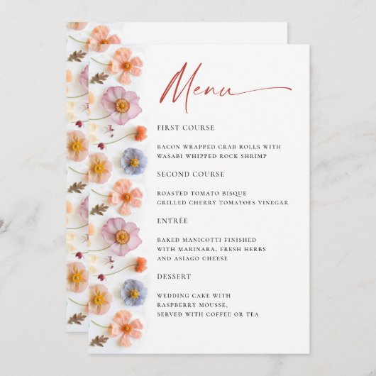 パステルエレガントピンクワイルドフラワーブライダルシャワーメニュー 招待状 (正面/裏面)