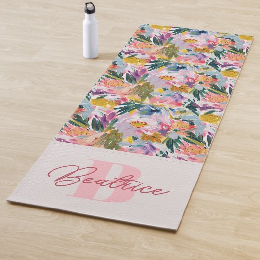パステルエレガントピンク抽象芸術フローラ名モノグラム ヨガマット (インサイチュ)