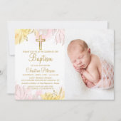 パステルエレガントピンク金ゴールドフローラガールバプティスフォト 招待状 (正面)