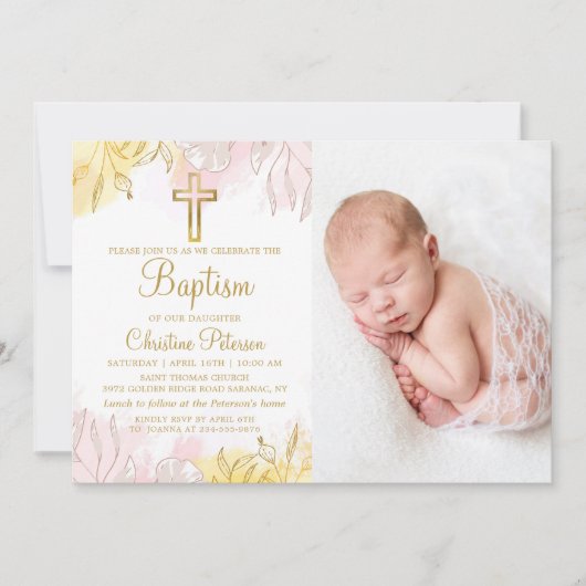 パステルエレガントピンク金ゴールドフローラガールバプティスフォト 招待状 (正面)