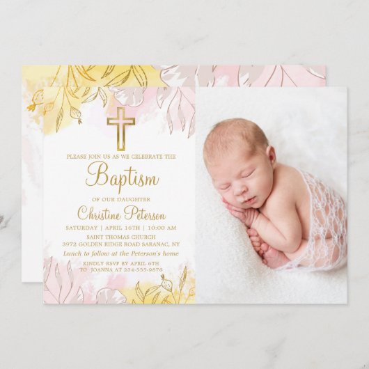 パステルエレガントピンク金ゴールドフローラガールバプティスフォト 招待状 (正面/裏面)